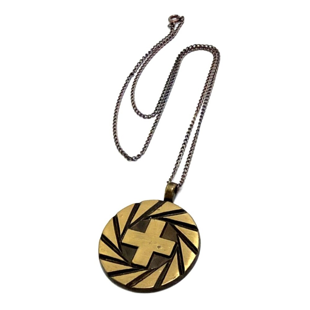 Vintage Terra Sancta Guild 1967 Israel Cross Pendant Necklace 18" Gold Tone